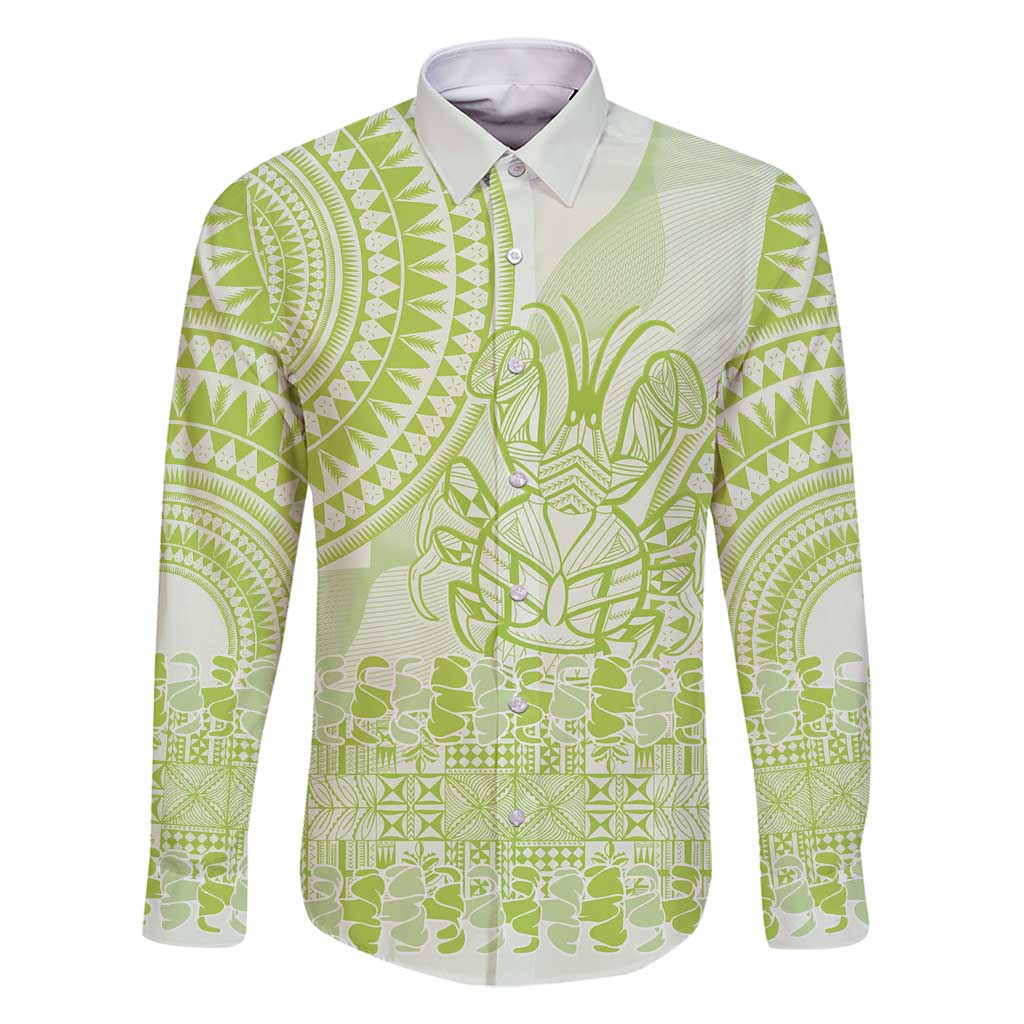 Lime Green Niue Language Week Family Matching Tank Maxi Dress and Hawaiian Shirt The Rock Coconut Crab - Siapo Pattern LT14 Dad's Shirt - Long Sleeve Lime Green - Polynesian Pride
