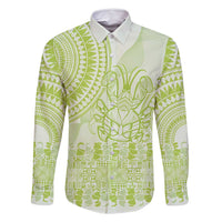 Lime Green Niue Language Week Family Matching Tank Maxi Dress and Hawaiian Shirt The Rock Coconut Crab - Siapo Pattern LT14 Dad's Shirt - Long Sleeve Lime Green - Polynesian Pride