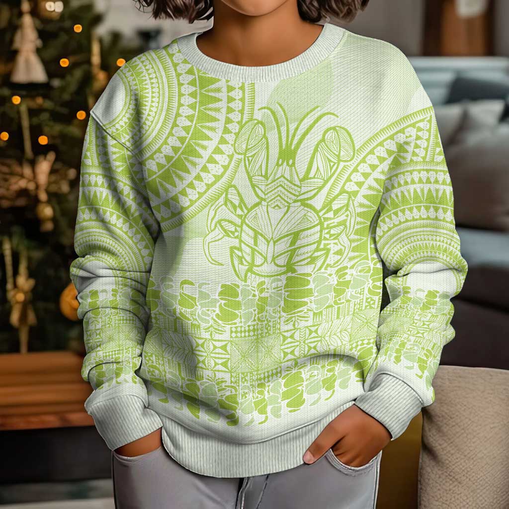 Lime Green Niue Language Week Kid Ugly Christmas Sweater The Rock Coconut Crab - Siapo Pattern LT14 - Polynesian Pride