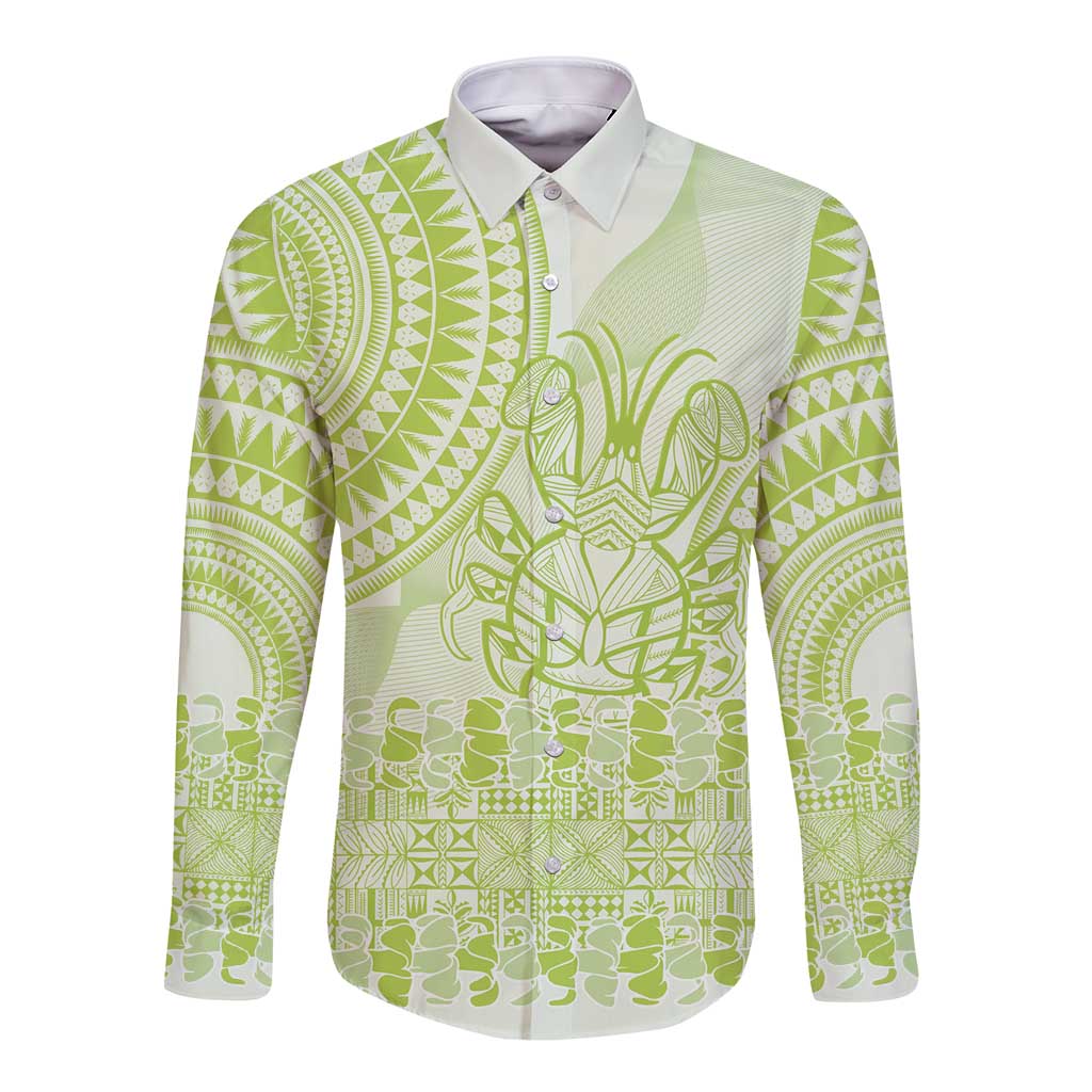 Lime Green Niue Language Week Long Sleeve Button Shirt The Rock Coconut Crab - Siapo Pattern LT14 Unisex Lime Green - Polynesian Pride