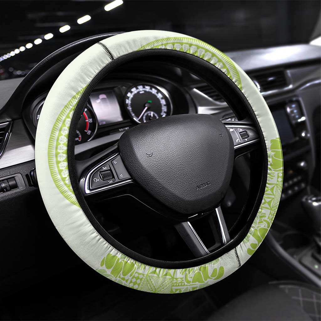 Lime Green Niue Language Week Steering Wheel Cover The Rock Coconut Crab - Siapo Pattern