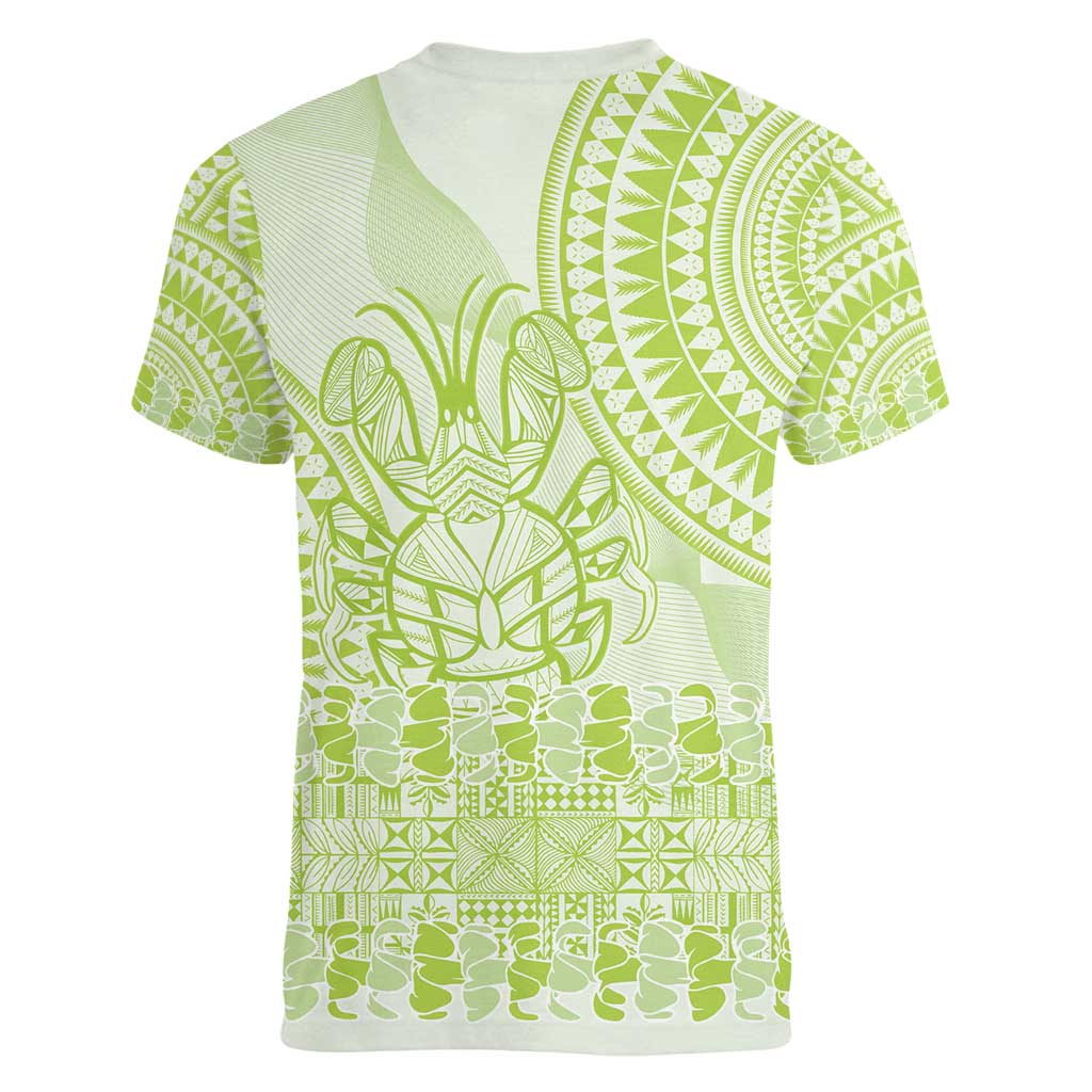 Lime Green Niue Language Week Women V-Neck T-Shirt The Rock Coconut Crab - Siapo Pattern