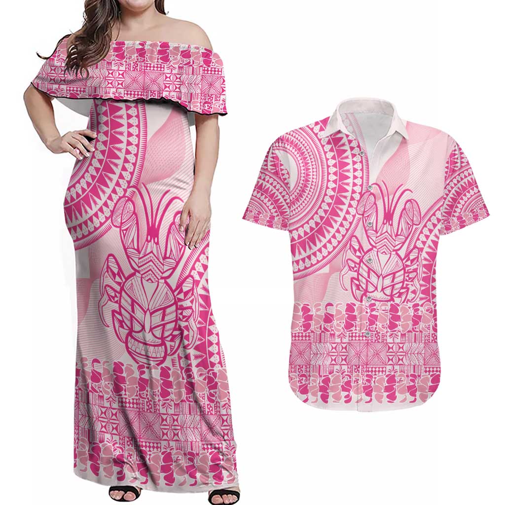 Pink Niue Language Week Couples Matching Off Shoulder Maxi Dress and Hawaiian Shirt The Rock Coconut Crab - Siapo Pattern