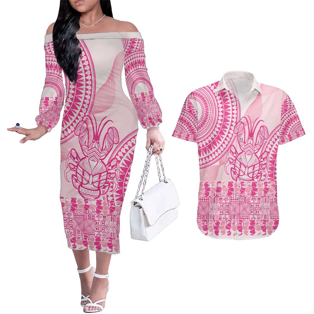 Pink Niue Language Week Couples Matching Off The Shoulder Long Sleeve Dress and Hawaiian Shirt The Rock Coconut Crab - Siapo Pattern