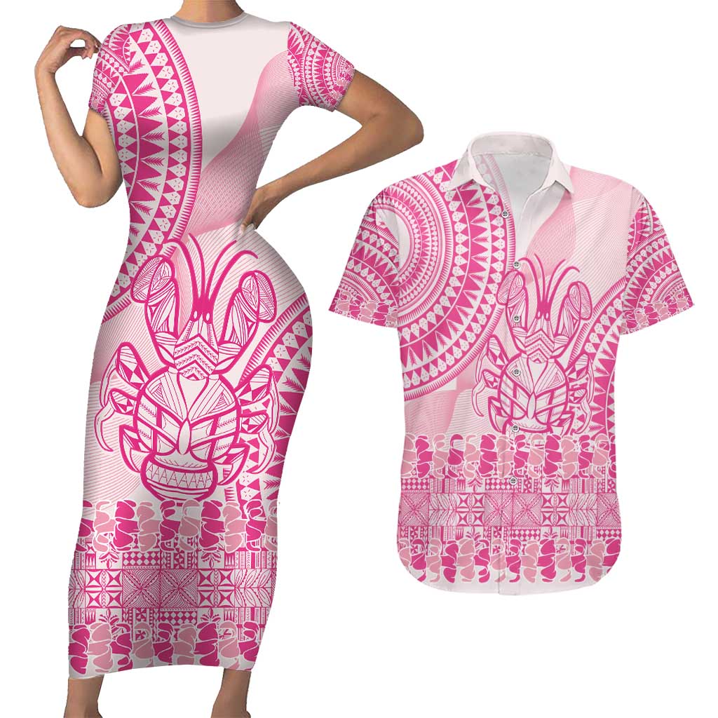 Pink Niue Language Week Couples Matching Short Sleeve Bodycon Dress and Hawaiian Shirt The Rock Coconut Crab - Siapo Pattern