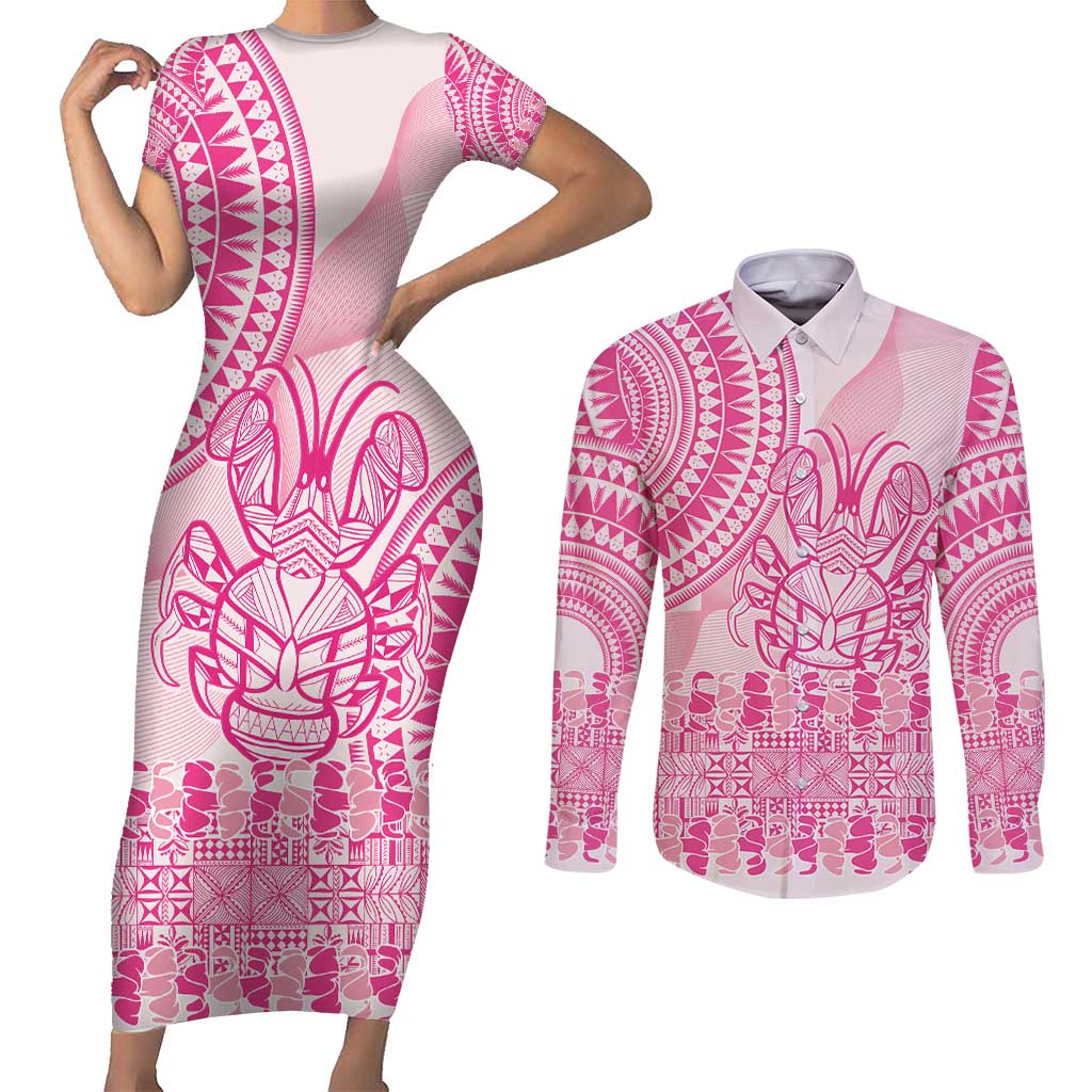 Pink Niue Language Week Couples Matching Short Sleeve Bodycon Dress and Long Sleeve Button Shirt The Rock Coconut Crab - Siapo Pattern