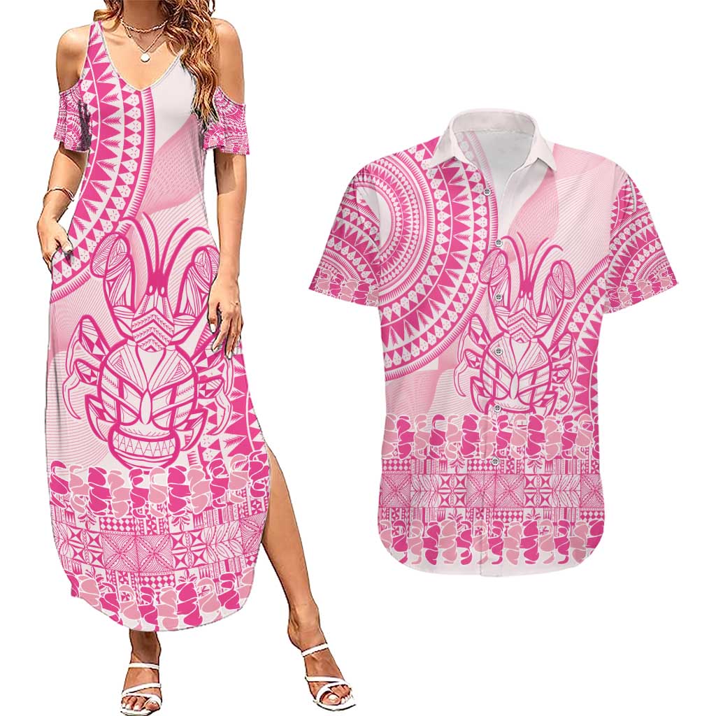 Pink Niue Language Week Couples Matching Summer Maxi Dress and Hawaiian Shirt The Rock Coconut Crab - Siapo Pattern