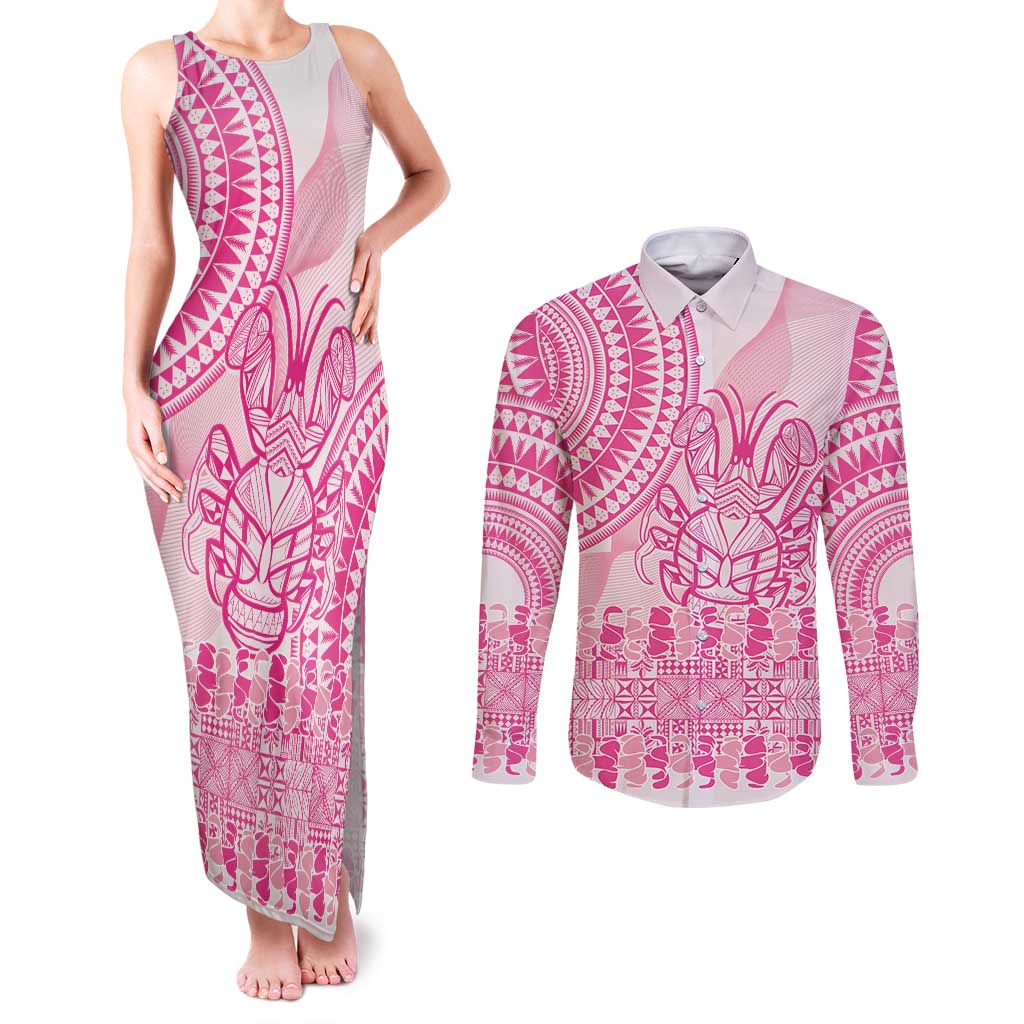 Pink Niue Language Week Couples Matching Tank Maxi Dress and Long Sleeve Button Shirt The Rock Coconut Crab - Siapo Pattern