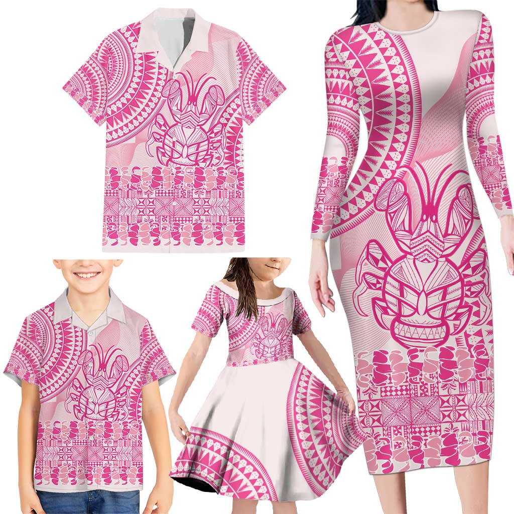 Pink Niue Language Week Family Matching Long Sleeve Bodycon Dress and Hawaiian Shirt The Rock Coconut Crab - Siapo Pattern