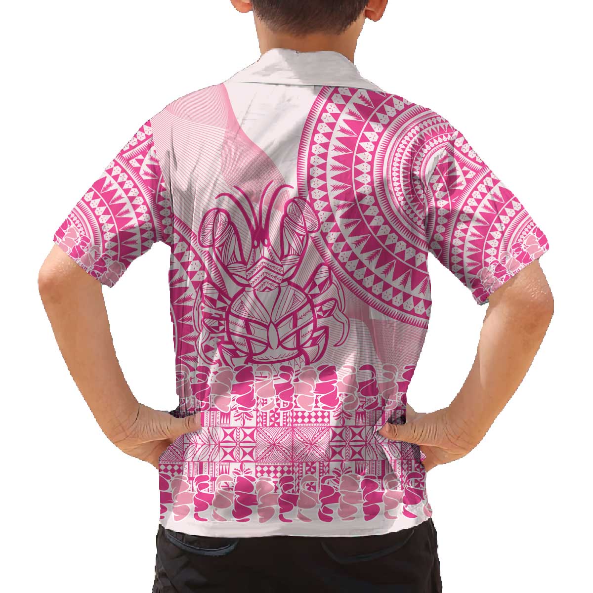 Pink Niue Language Week Family Matching Off The Shoulder Long Sleeve Dress and Hawaiian Shirt The Rock Coconut Crab - Siapo Pattern