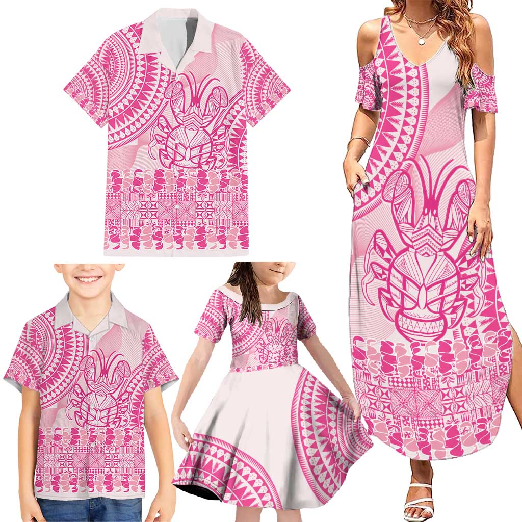 Pink Niue Language Week Family Matching Summer Maxi Dress and Hawaiian Shirt The Rock Coconut Crab - Siapo Pattern