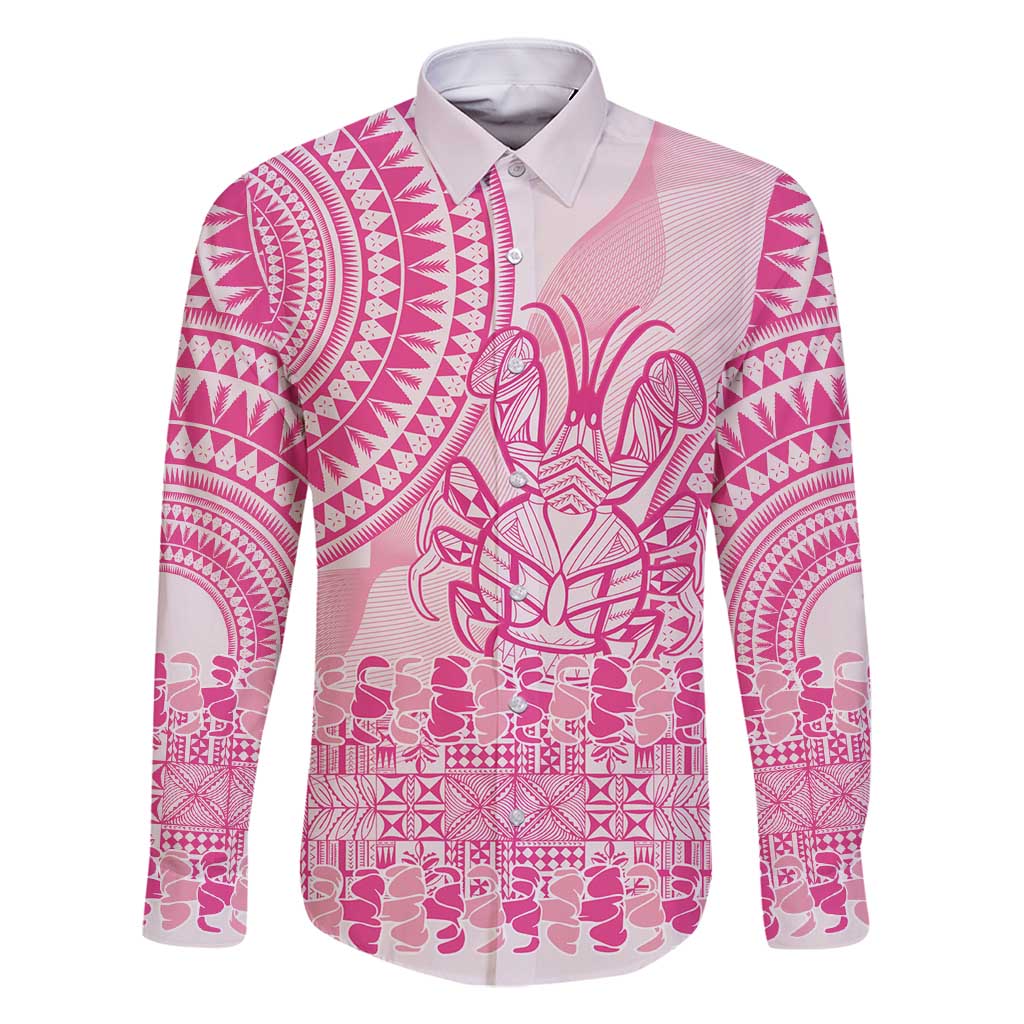 Pink Niue Language Week Family Matching Tank Maxi Dress and Hawaiian Shirt The Rock Coconut Crab - Siapo Pattern LT14 Dad's Shirt - Long Sleeve Pink - Polynesian Pride