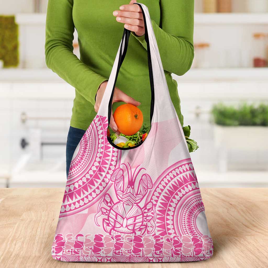 Pink Niue Language Week Grocery Bag The Rock Coconut Crab - Siapo Pattern