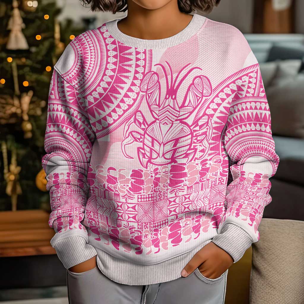 Pink Niue Language Week Kid Ugly Christmas Sweater The Rock Coconut Crab - Siapo Pattern LT14 - Polynesian Pride