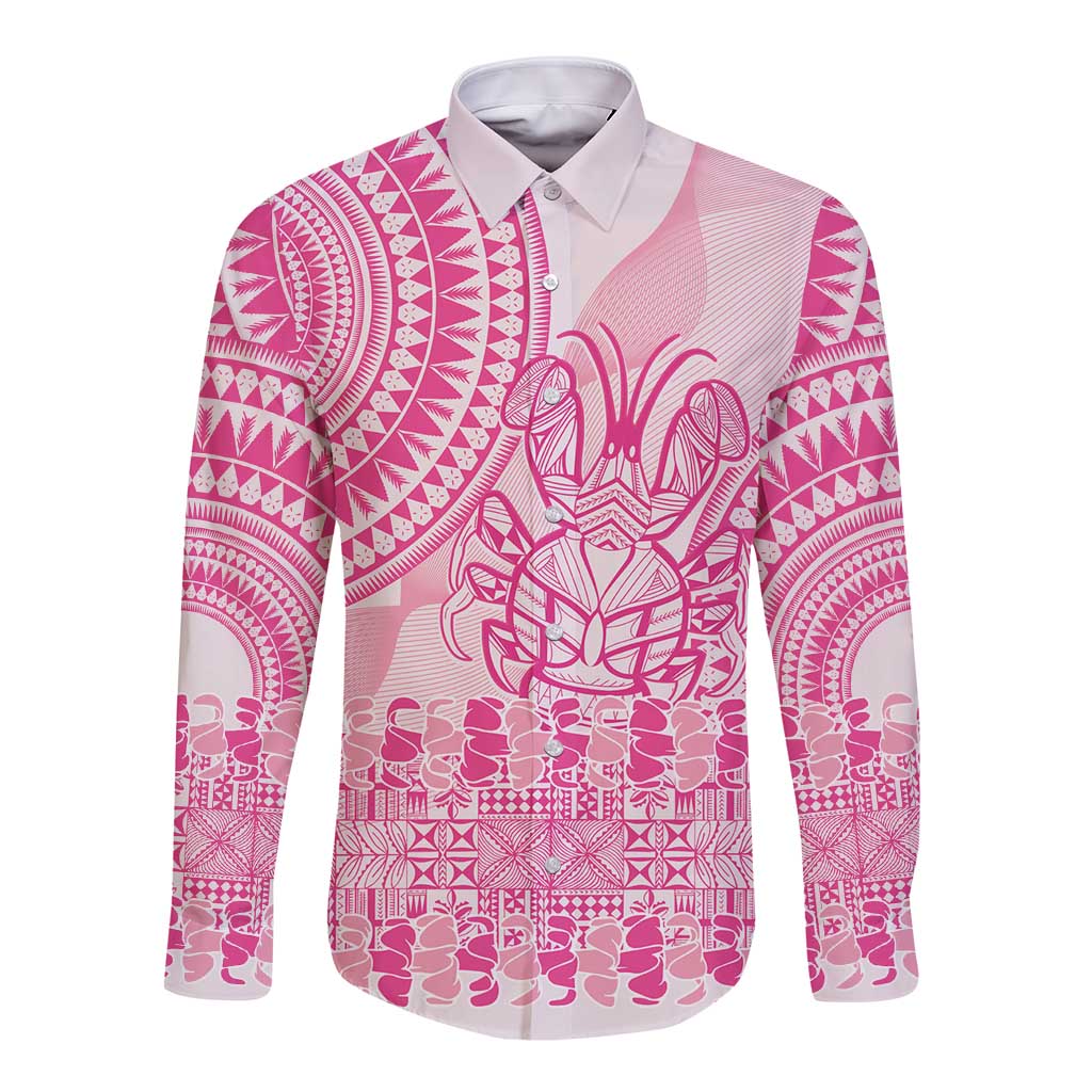 Pink Niue Language Week Long Sleeve Button Shirt The Rock Coconut Crab - Siapo Pattern LT14 Unisex Pink - Polynesian Pride