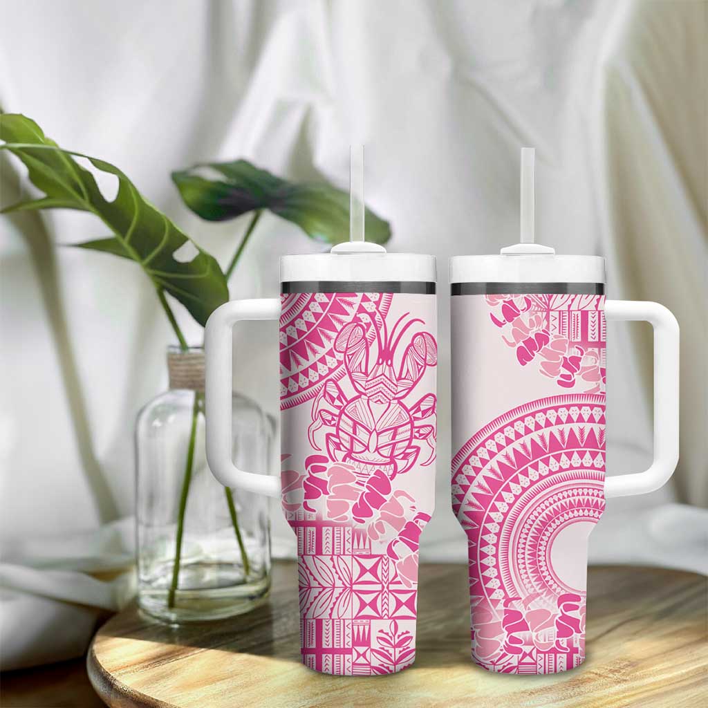 Pink Niue Language Week Tumbler With Handle The Rock Coconut Crab - Siapo Pattern