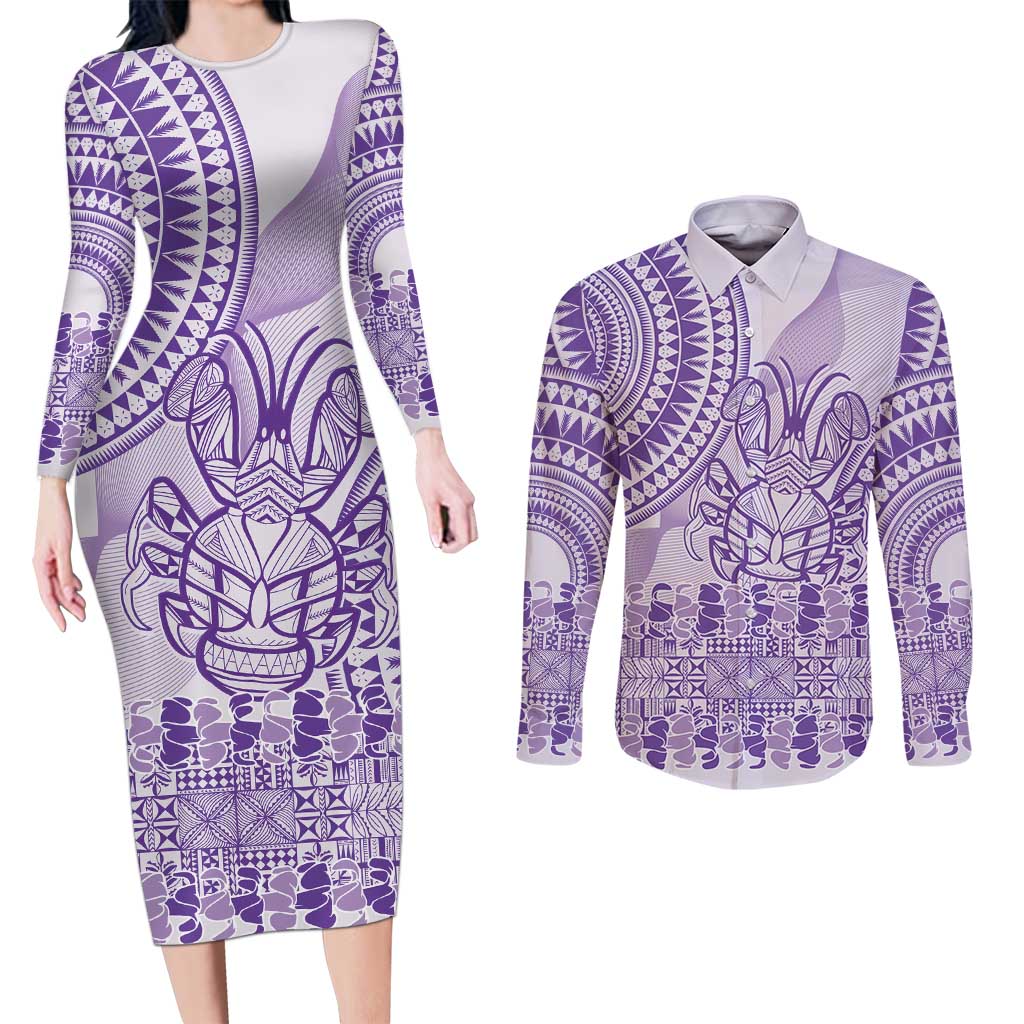 Purple Niue Language Week Couples Matching Long Sleeve Bodycon Dress and Long Sleeve Button Shirt The Rock Coconut Crab - Siapo Pattern