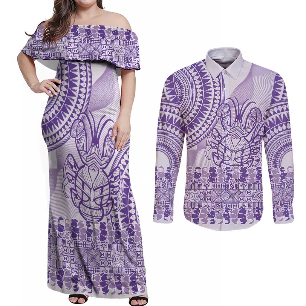 Purple Niue Language Week Couples Matching Off Shoulder Maxi Dress and Long Sleeve Button Shirt The Rock Coconut Crab - Siapo Pattern