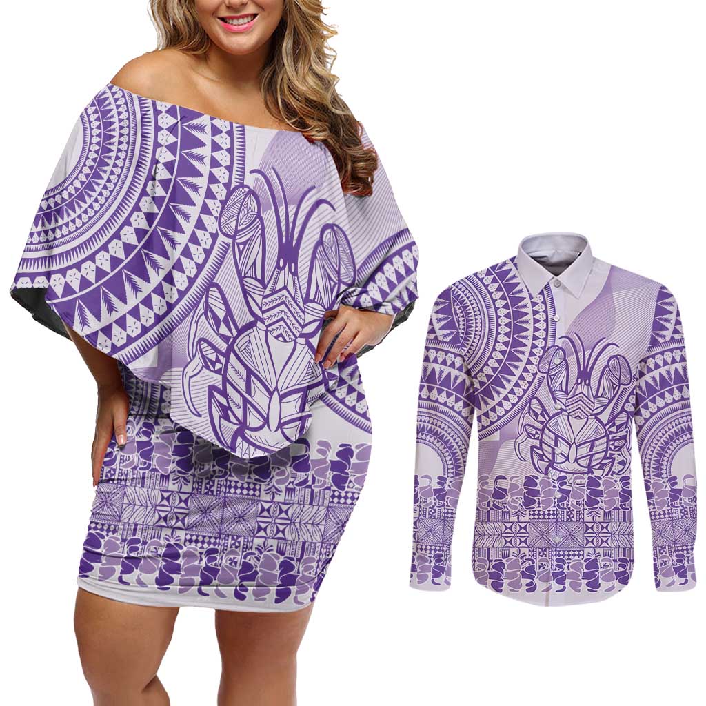 Purple Niue Language Week Couples Matching Off Shoulder Short Dress and Long Sleeve Button Shirt The Rock Coconut Crab - Siapo Pattern