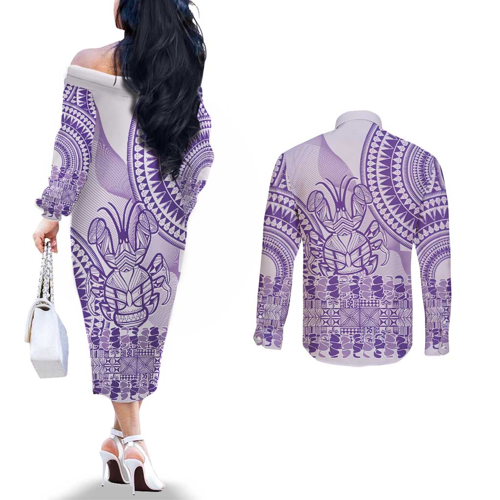 Purple Niue Language Week Couples Matching Off The Shoulder Long Sleeve Dress and Long Sleeve Button Shirt The Rock Coconut Crab - Siapo Pattern
