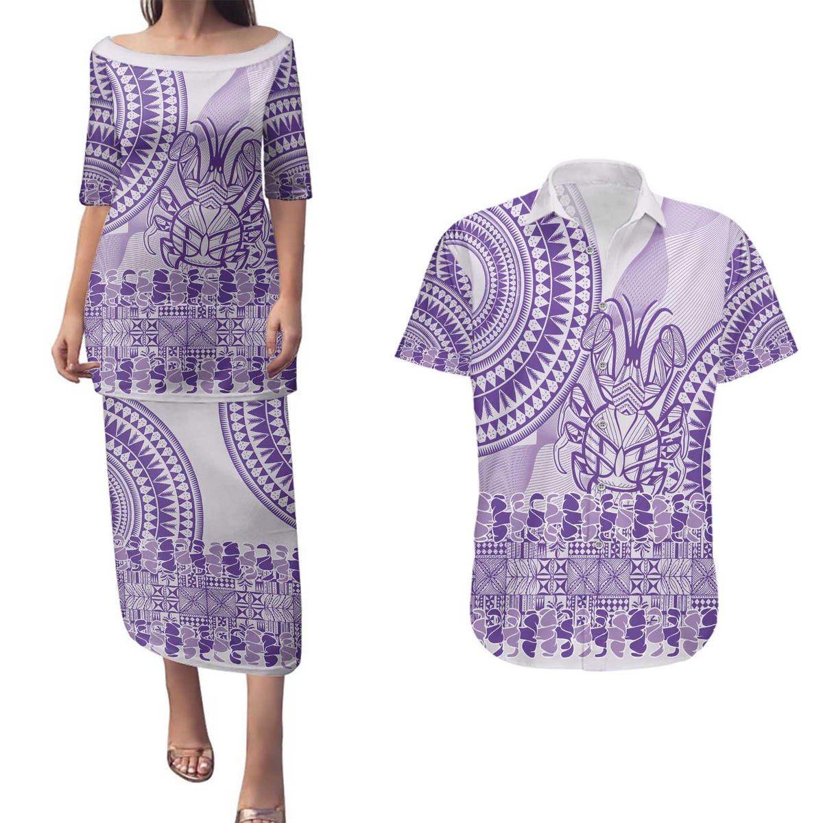 Purple Niue Language Week Couples Matching Puletasi and Hawaiian Shirt The Rock Coconut Crab - Siapo Pattern