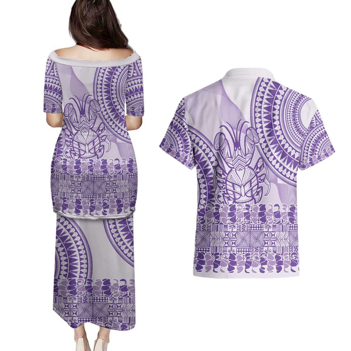 Purple Niue Language Week Couples Matching Puletasi and Hawaiian Shirt The Rock Coconut Crab - Siapo Pattern