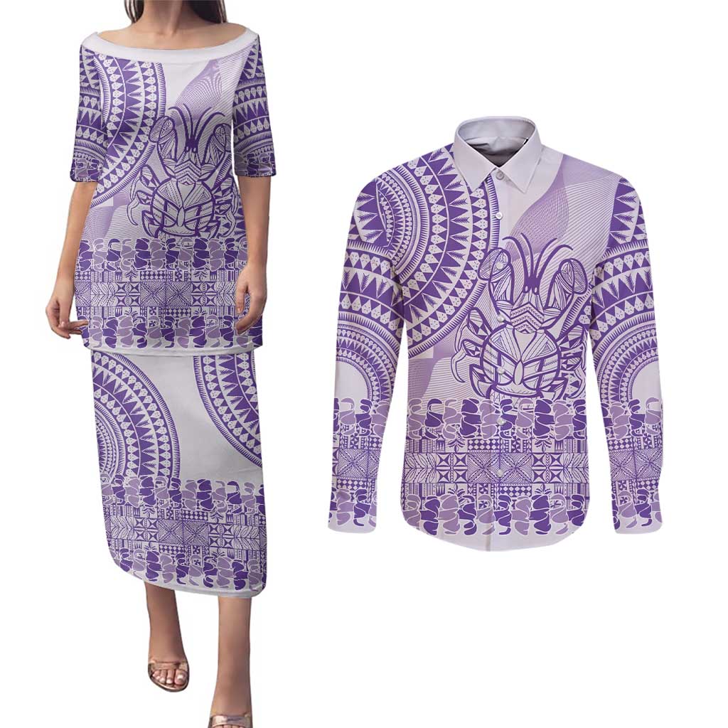Purple Niue Language Week Couples Matching Puletasi and Long Sleeve Button Shirt The Rock Coconut Crab - Siapo Pattern