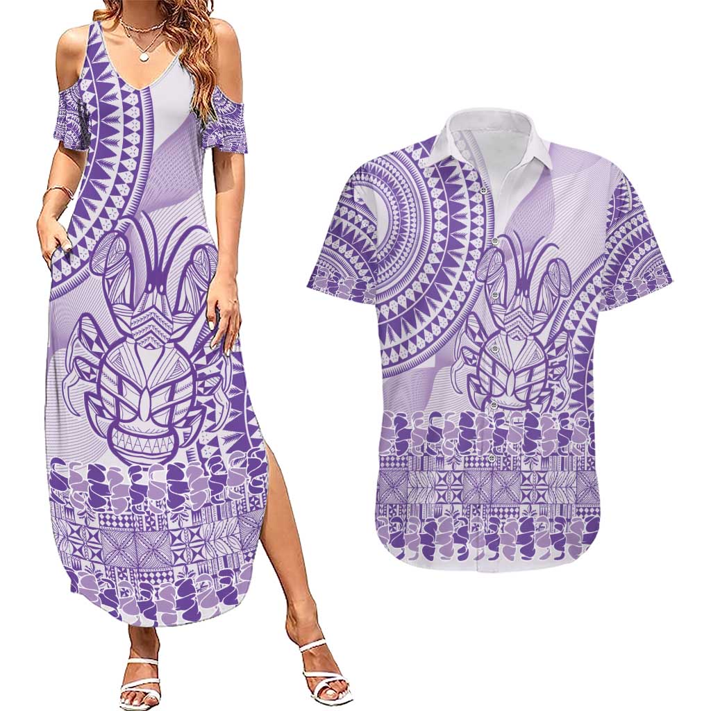 Purple Niue Language Week Couples Matching Summer Maxi Dress and Hawaiian Shirt The Rock Coconut Crab - Siapo Pattern