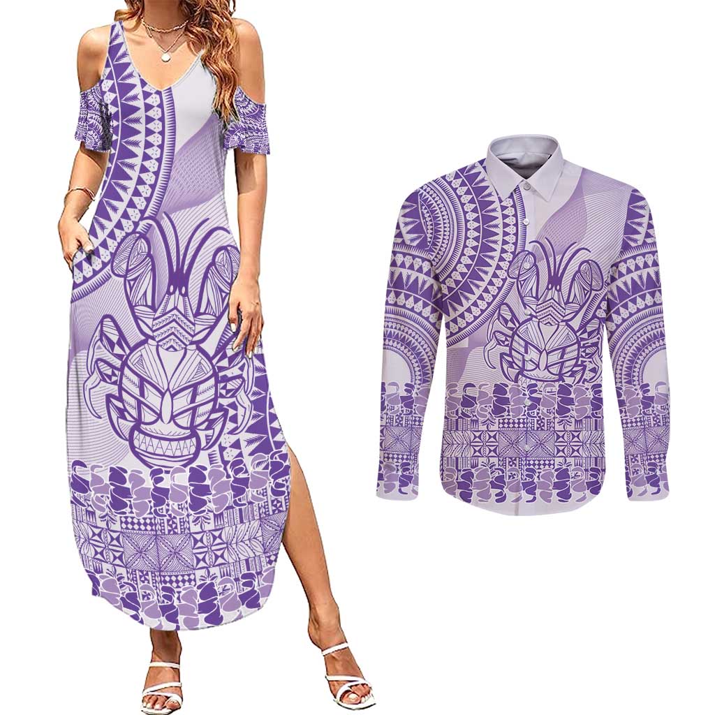 Purple Niue Language Week Couples Matching Summer Maxi Dress and Long Sleeve Button Shirt The Rock Coconut Crab - Siapo Pattern