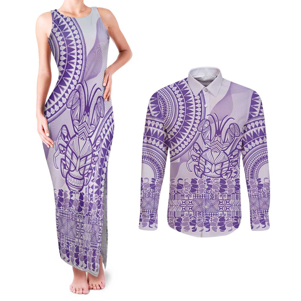 Purple Niue Language Week Couples Matching Tank Maxi Dress and Long Sleeve Button Shirt The Rock Coconut Crab - Siapo Pattern