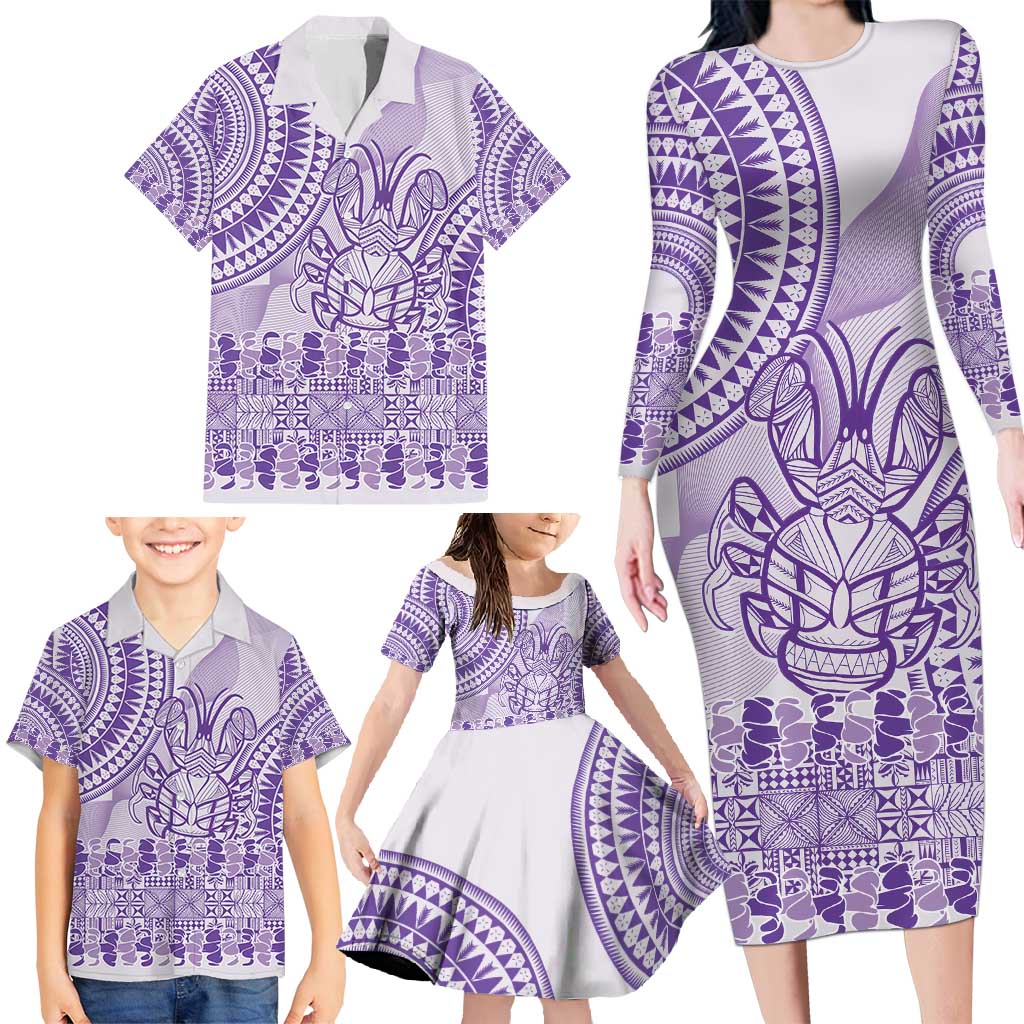 Purple Niue Language Week Family Matching Long Sleeve Bodycon Dress and Hawaiian Shirt The Rock Coconut Crab - Siapo Pattern