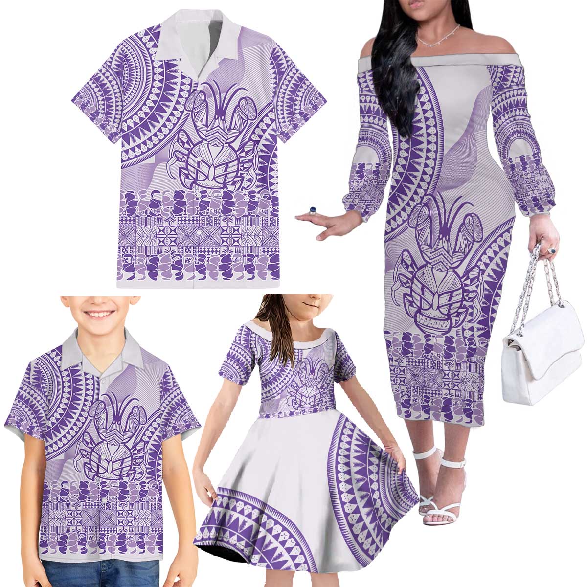 Purple Niue Language Week Family Matching Off The Shoulder Long Sleeve Dress and Hawaiian Shirt The Rock Coconut Crab - Siapo Pattern