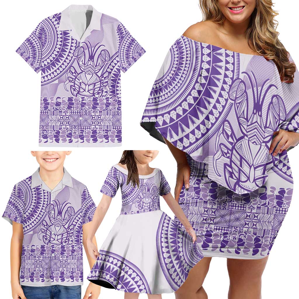 Purple Niue Language Week Family Matching Off Shoulder Short Dress and Hawaiian Shirt The Rock Coconut Crab - Siapo Pattern