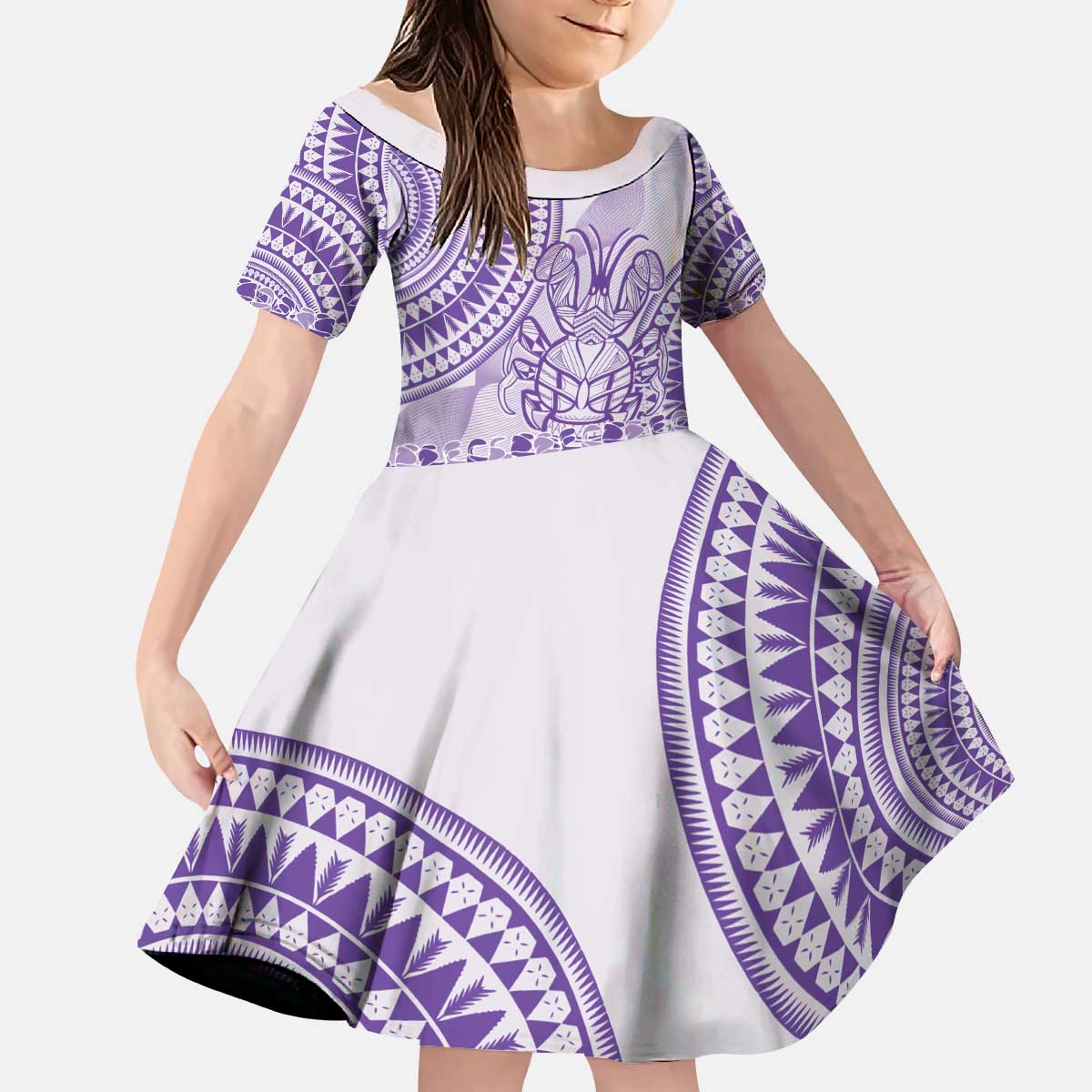 Purple Niue Language Week Kid Short Sleeve Dress The Rock Coconut Crab - Siapo Pattern