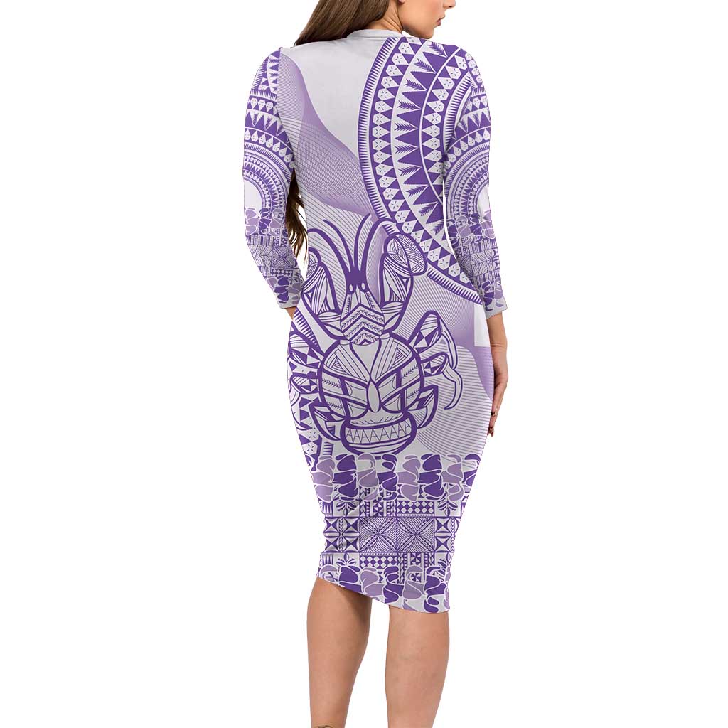 Purple Niue Language Week Long Sleeve Bodycon Dress The Rock Coconut Crab - Siapo Pattern