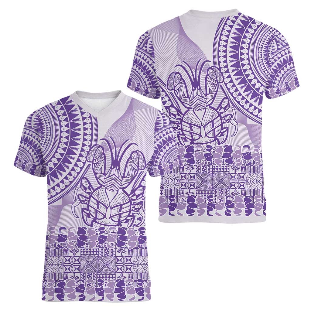 Purple Niue Language Week Women V-Neck T-Shirt The Rock Coconut Crab - Siapo Pattern