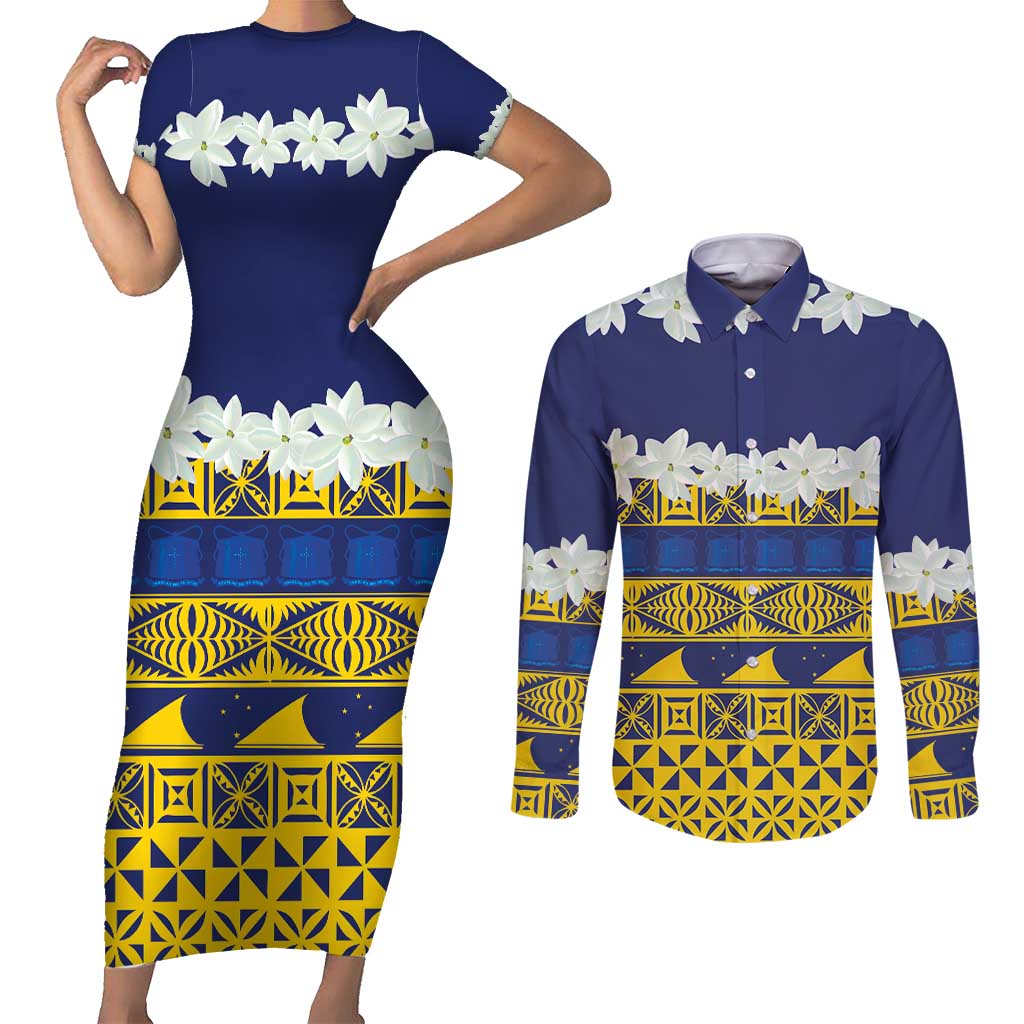 Tokelau Language Week Couples Matching Short Sleeve Bodycon Dress and Long Sleeve Button Shirt Tokelauan Tuluma With Gardenia Thunbergia