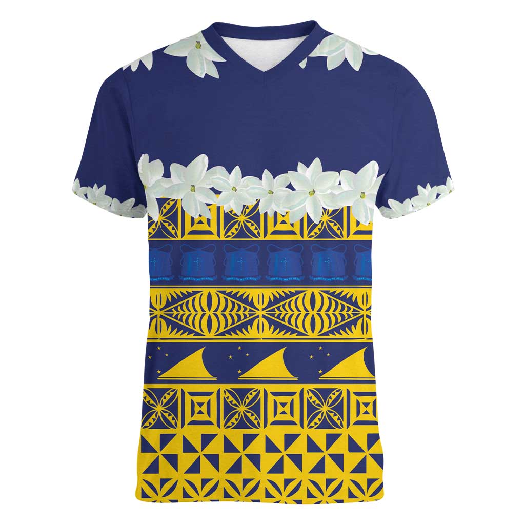 Tokelau Language Week Women V-Neck T-Shirt Tokelauan Tuluma With Gardenia Thunbergia