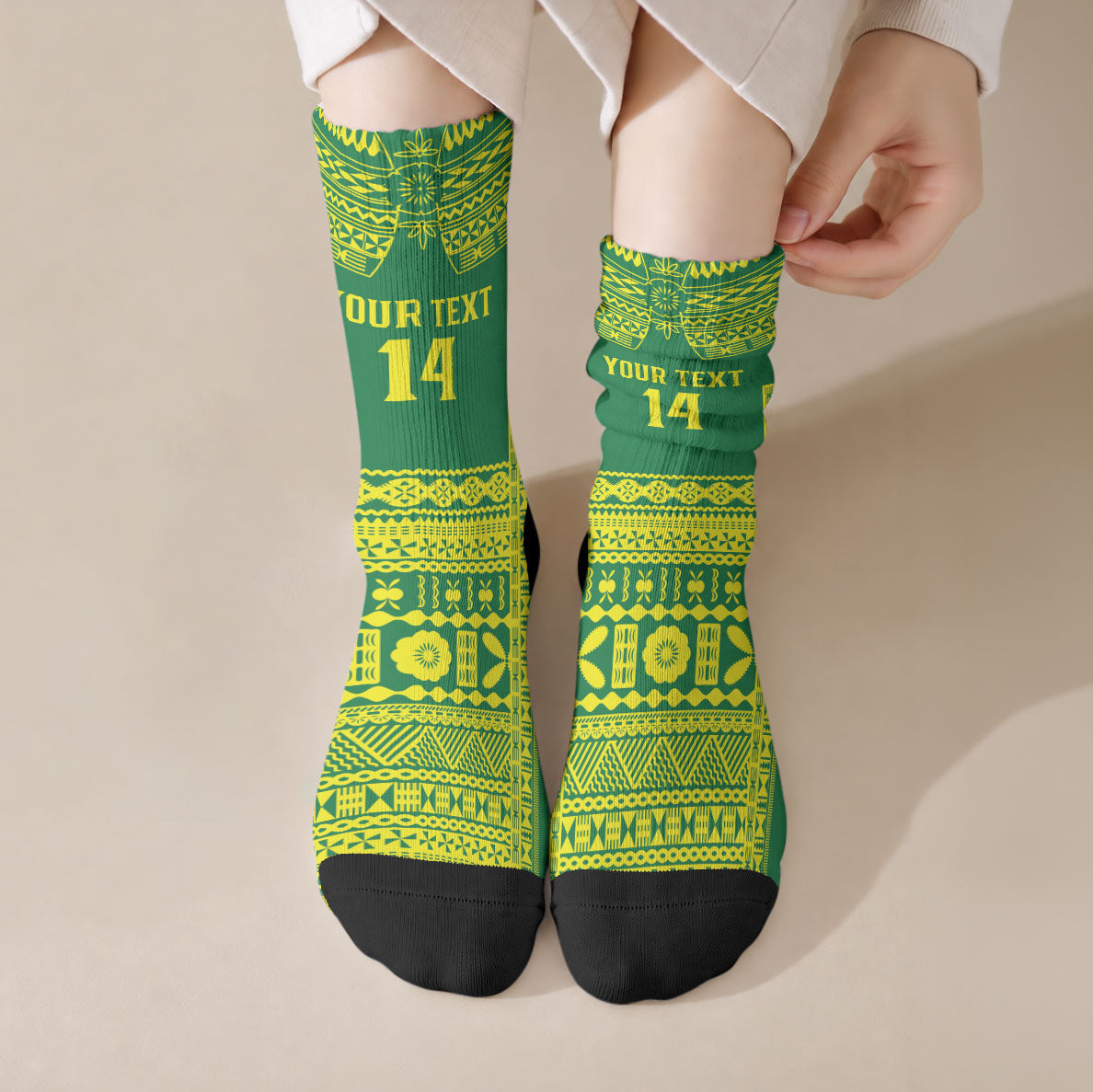 Fiji Tailevu Rugby Custom Crew Socks Go Champions Fijian Tapa Pattern LT14 Crew Socks Green - Polynesian Pride