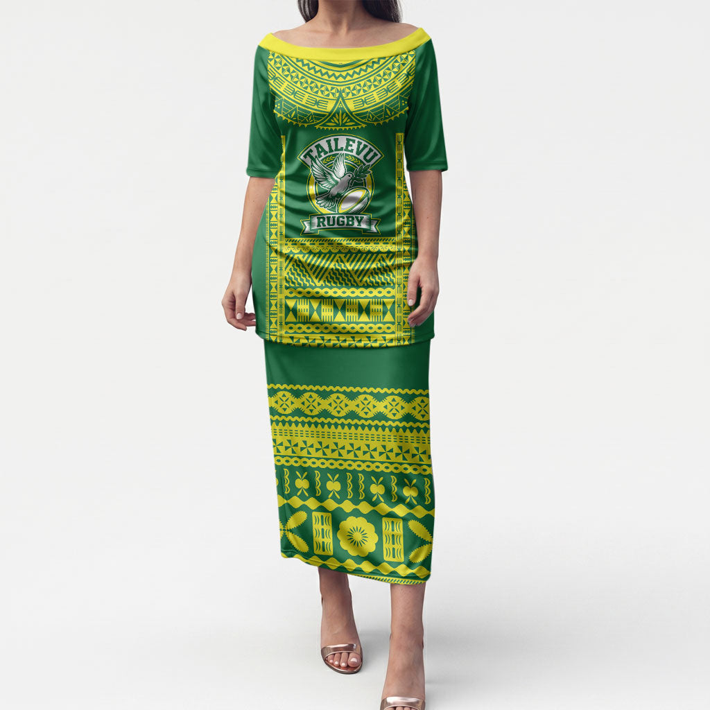 Fiji Tailevu Rugby Custom Puletasi Go Champions Fijian Tapa Pattern LT14 Long Dress Green - Polynesian Pride