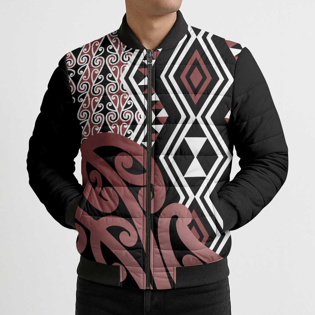 New Zealand Bomber Puffer Jacket Aotearoa Kowhaiwhai Mix Taniko Art - Polynesian Pride