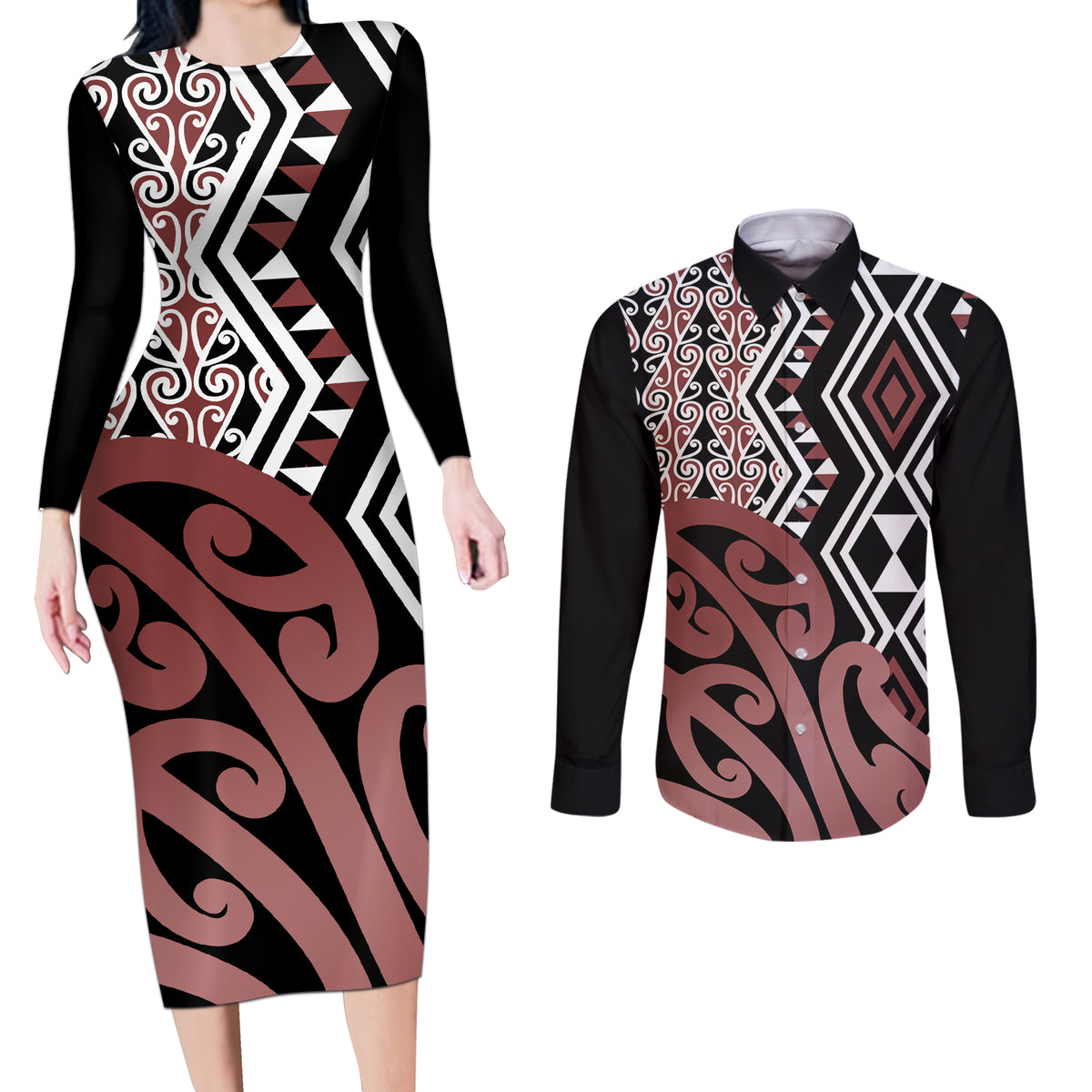 New Zealand Couples Matching Long Sleeve Bodycon Dress and Long Sleeve Button Shirt Aotearoa Kowhaiwhai Mix Taniko Art LT14 Brown - Polynesian Pride