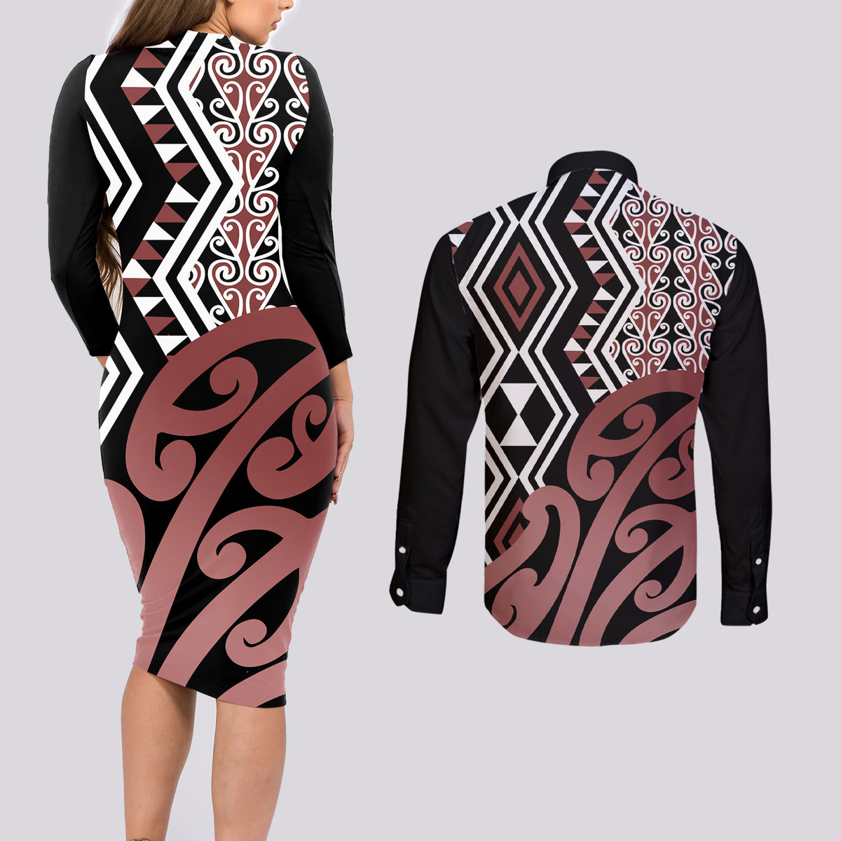New Zealand Couples Matching Long Sleeve Bodycon Dress and Long Sleeve Button Shirt Aotearoa Kowhaiwhai Mix Taniko Art LT14 - Polynesian Pride
