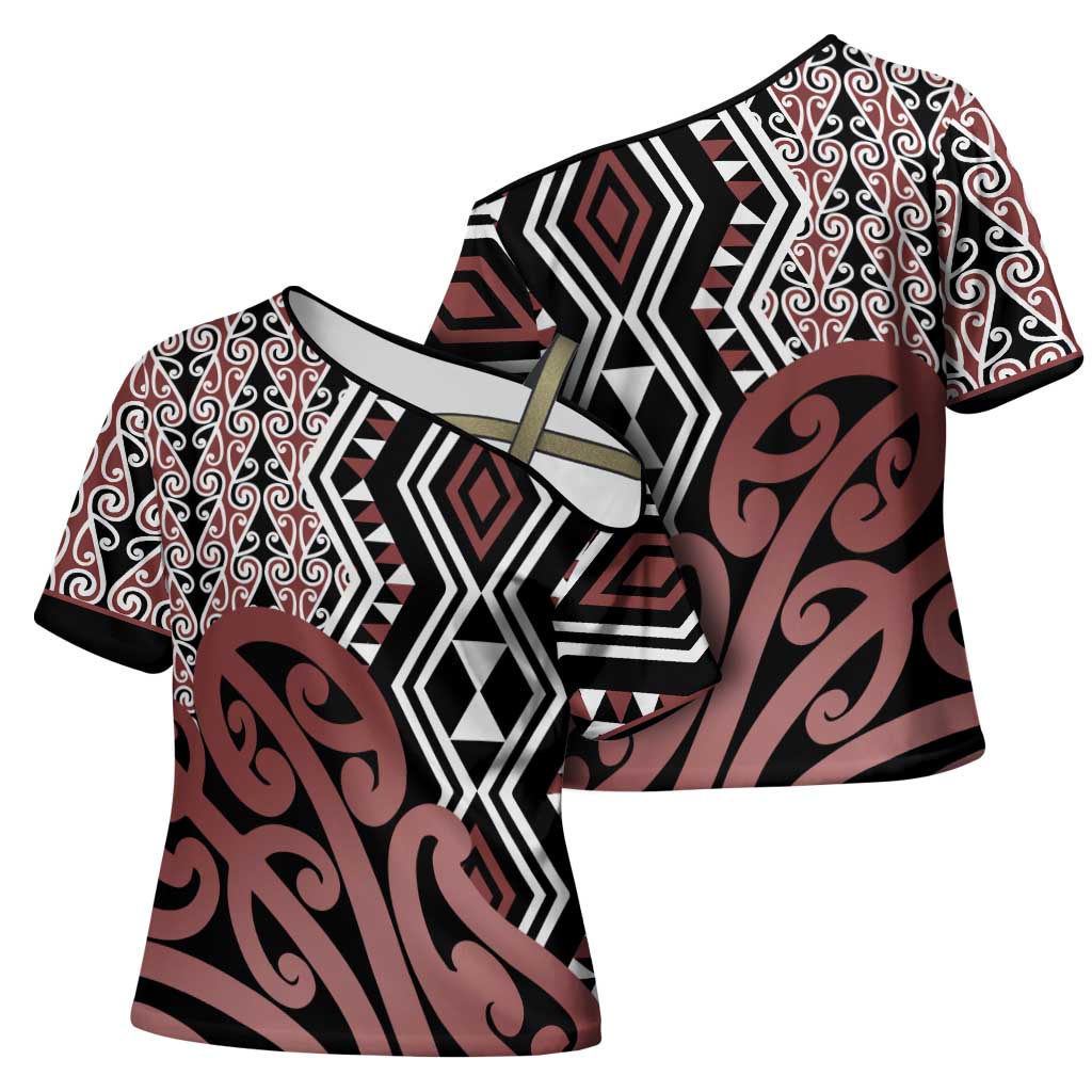 New Zealand Cross Shoulder Shirt Aotearoa Kowhaiwhai Mix Taniko Art - Polynesian Pride