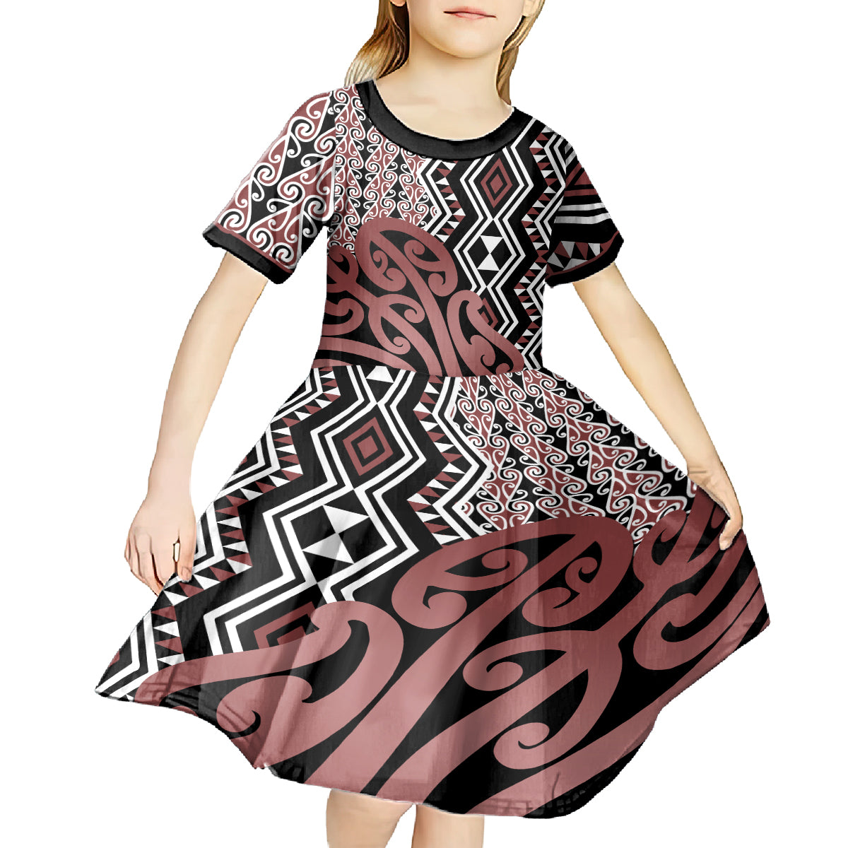 New Zealand Kid Short Sleeve Dress Aotearoa Kowhaiwhai Mix Taniko Art LT14 - Polynesian Pride