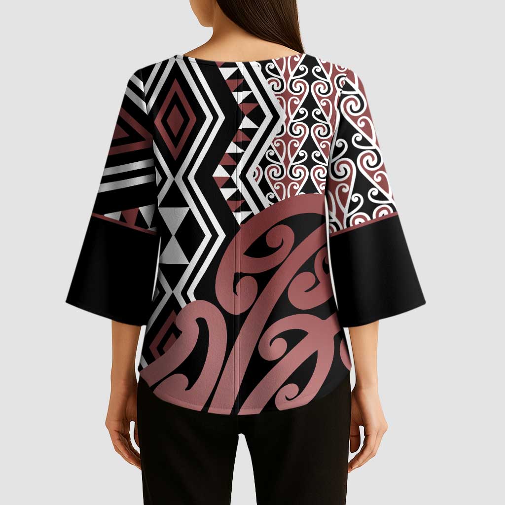 New Zealand Kimono Sleeve Blouse Aotearoa Kowhaiwhai Mix Taniko Art - Polynesian Pride