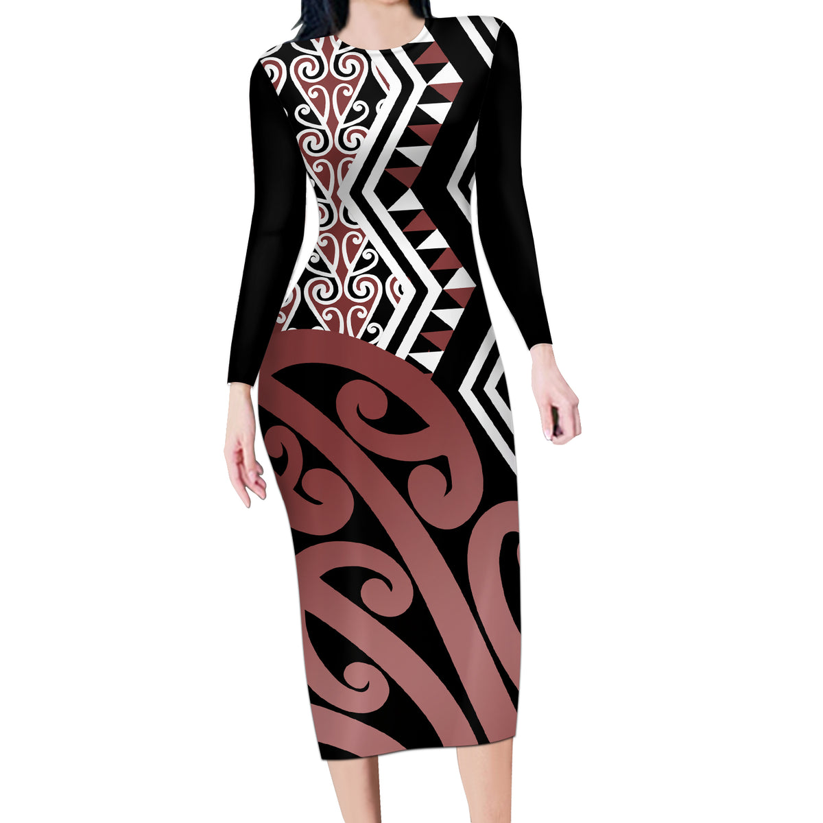 New Zealand Long Sleeve Bodycon Dress Aotearoa Kowhaiwhai Mix Taniko Art LT14 Long Dress Brown - Polynesian Pride