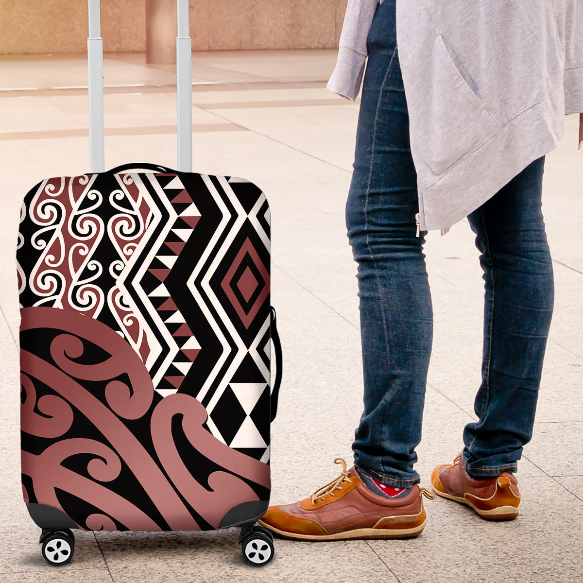 New Zealand Luggage Cover Aotearoa Kowhaiwhai Mix Taniko Art LT14 Brown - Polynesian Pride