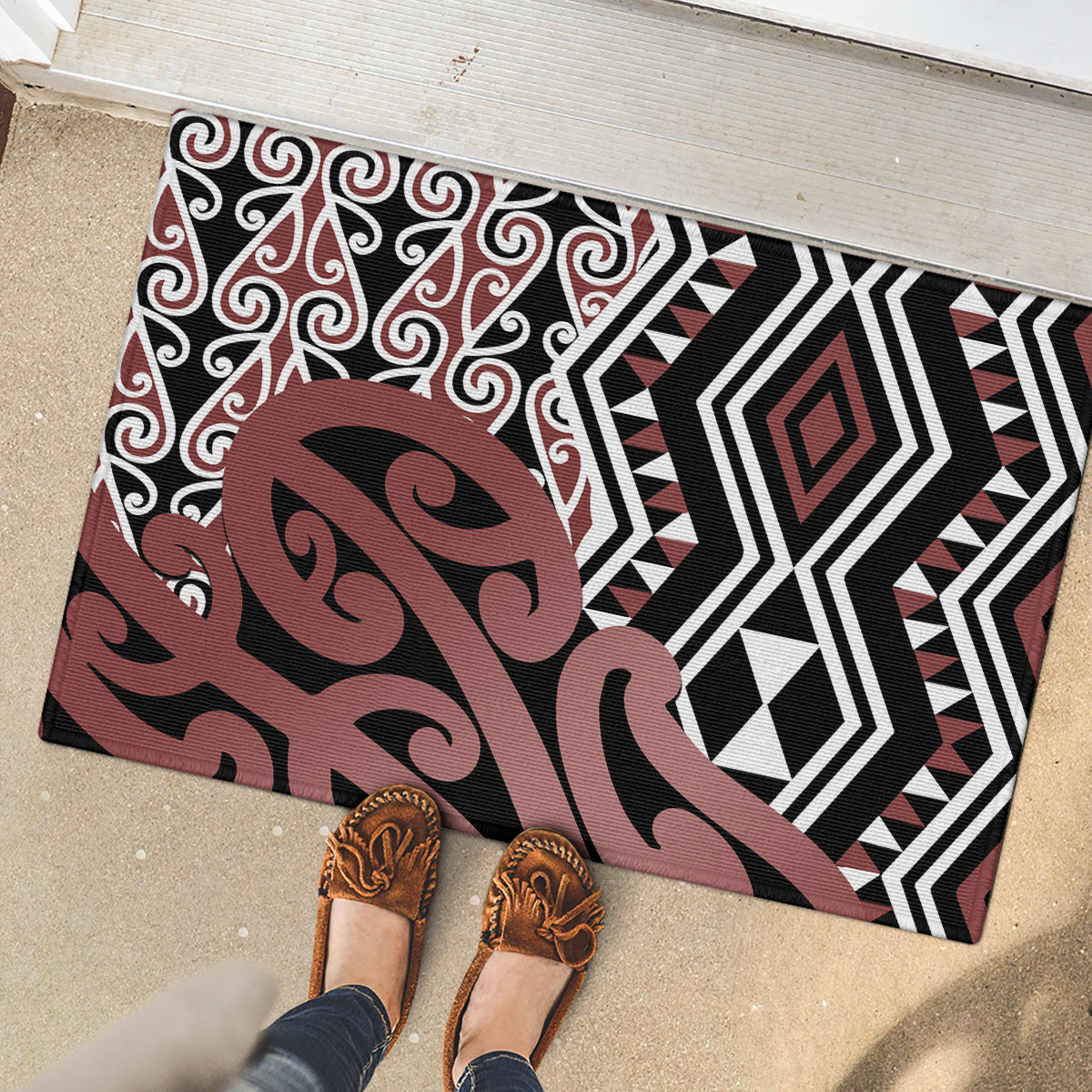 New Zealand Rubber Doormat Aotearoa Kowhaiwhai Mix Taniko Art LT14 - Polynesian Pride