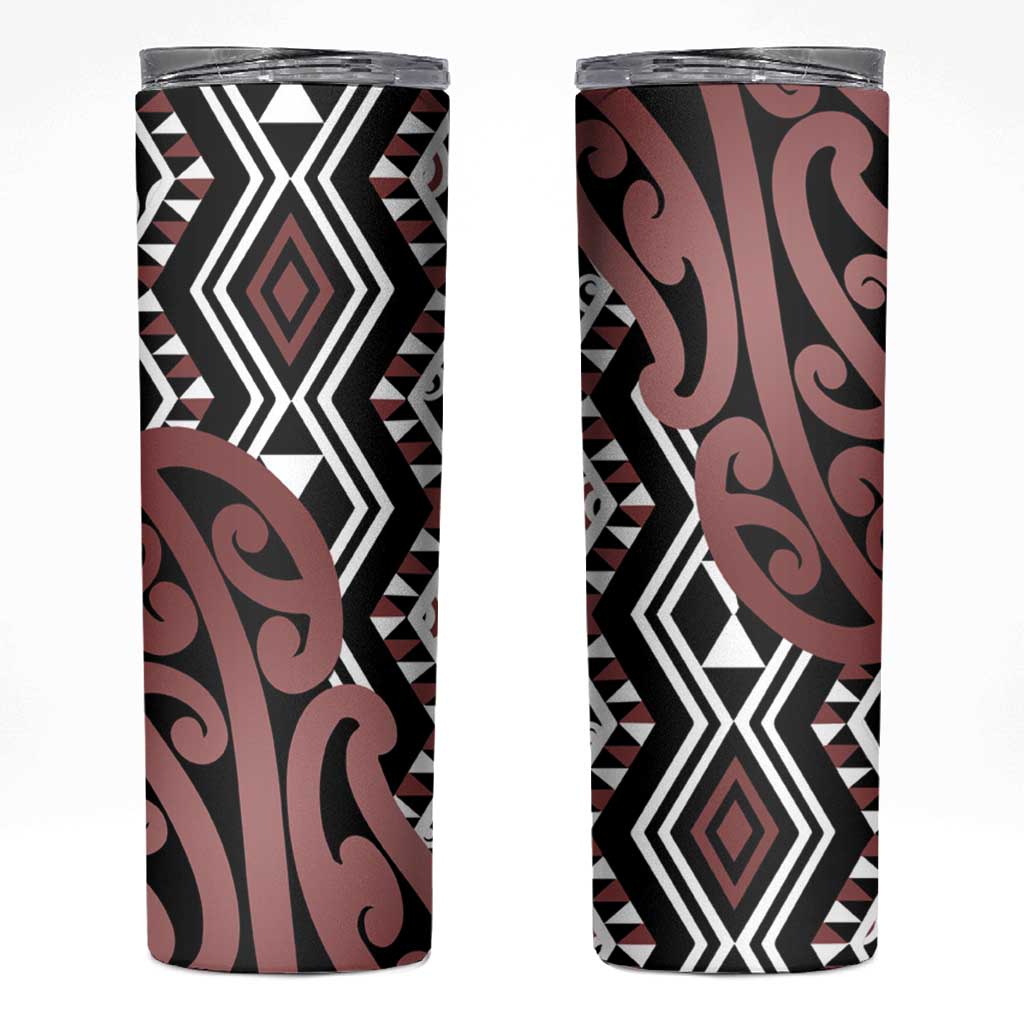 New Zealand Skinny Tumbler Aotearoa Kowhaiwhai Mix Taniko Art - Brown